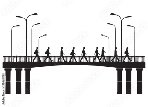 Busy pedestrian bridge silhouette with streetlights crossing illustration vector