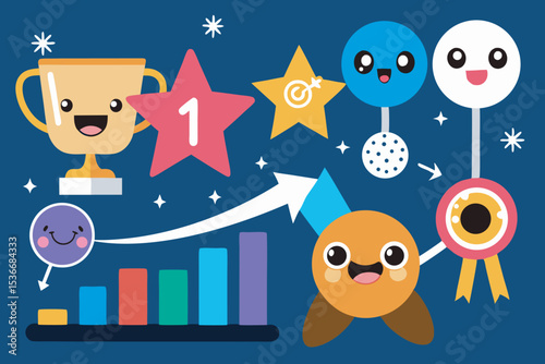 Cartoon illustration of success goals and achievements for teamwork and business growth