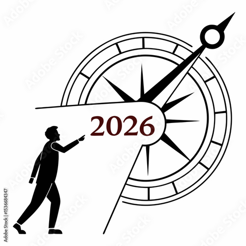 Man walking towards compass pointing 2026 new year