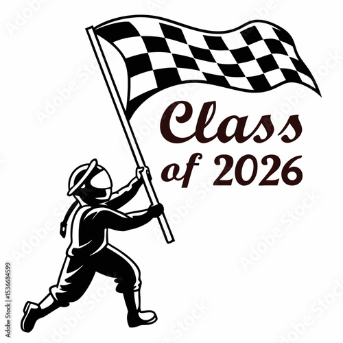 Class of 2026 graduation racer holding checkered flag