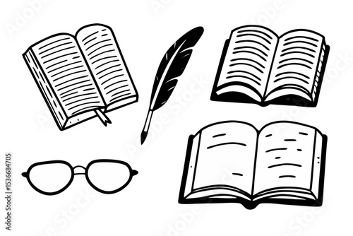 Hand drawn books feather and glasses illustration