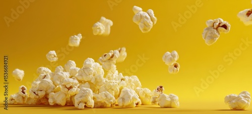 The playful scatter of popcorn against a bright yellow background