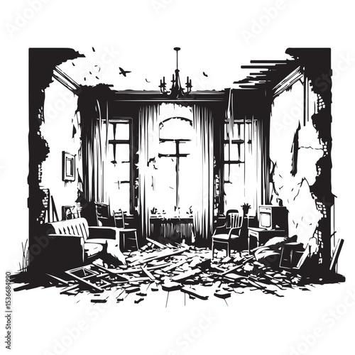 Silhouette illustration of a destroyed room after a catastrophic event