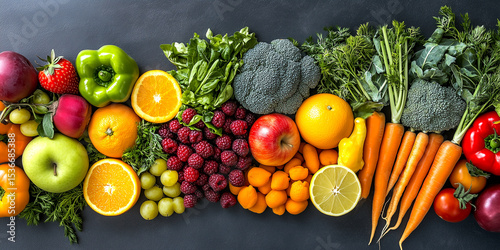 A Vibrant and Fresh Assortment of Fruits and Vegetables Arranged in a Balanced, Horizontal Composition