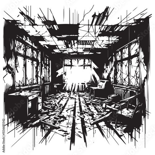 Devastated abandoned room illustration showcasing post apocalyptic destruction scenery