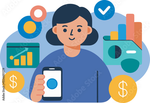 Financial literacy concept depicting woman using mobile phone with financial data and charts