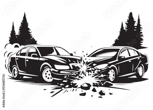 Head on car accident silhouette illustration detailing vehicle crash collision
