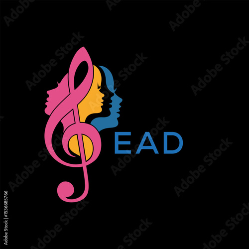 EAD Creative Feminine Music Logo, with Treble Clef and Colorful Female Silhouettes,  EAD Later Logo – Beauty and Art Concept.
