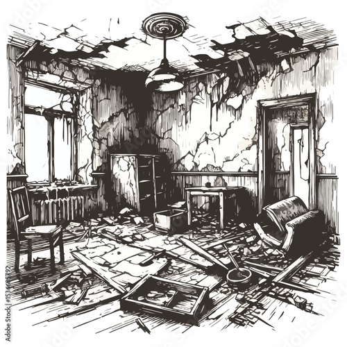Interior Devastation A Vector Illustration of Abandoned Room