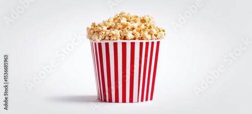 The vibrant bucket of freshly popped popcorn against a light backdrop.
