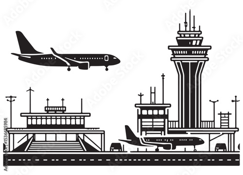 Airport Silhouette Vector Illustration Aviation Control Tower Scene