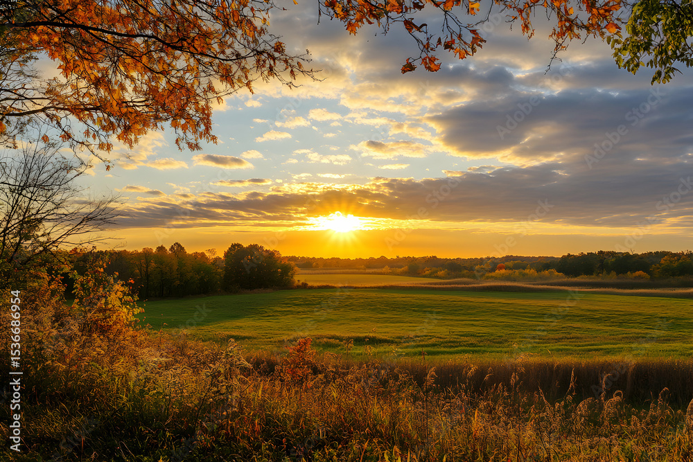 Fototapeta premium Autumn Sunset over Green Field Golden Hour Landscape