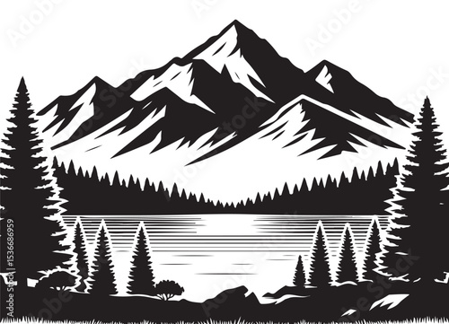 Serene Mountain Lake Silhouette with Pine Trees at Sunset