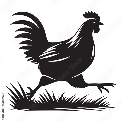 Silhouette of running rooster vector drawing illustration and farm animal