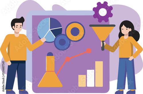 Two individuals analyzing data visualization with pie charts funnels and gear icons