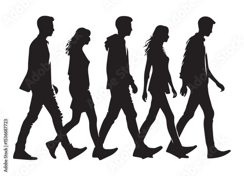 Silhouette People Walking Vector Image Group Crowd Illustration