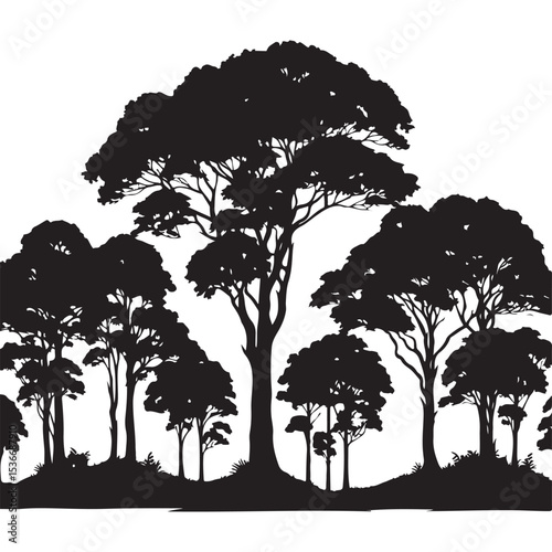 Silhouette illustration of lush forest and tall trees for backgrounds