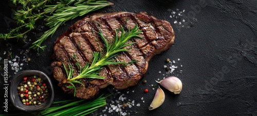 The succulent steak garnished with fresh rosemary and spices on a dark surface