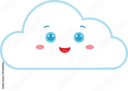 A cute flat-style vector of a smiling white cloud with rosy cheeks and blue eyes