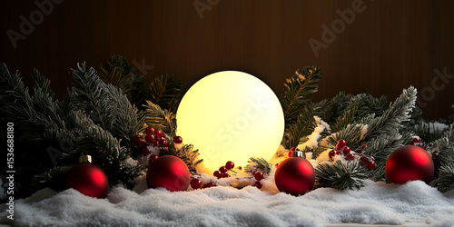 A Serene Winter Holiday Scene Featuring a Prominently Placed Lit Lamp Surrounded by Snow-Covered Pine Tree Branches And...