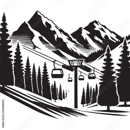 Silhouette Mountain Landscape with Gondola Lift Illustration Design