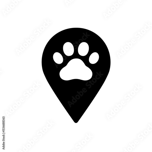 Map pin with paw print – represents pet location or tracking, solid icon