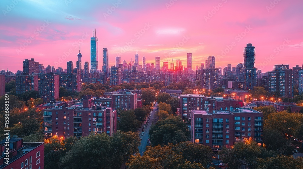 Fototapeta premium Urban sunset cityscape view