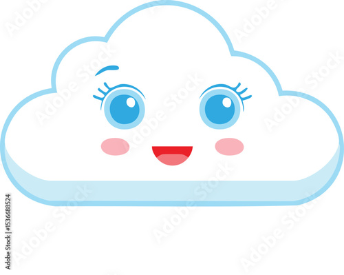A cute flat-style vector of a smiling white cloud with rosy cheeks and blue eyes