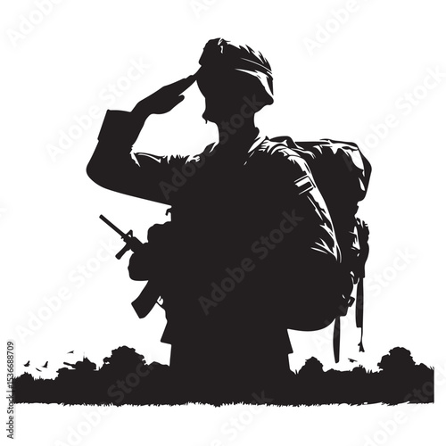 Silhouette of a saluting soldier on duty with full gears