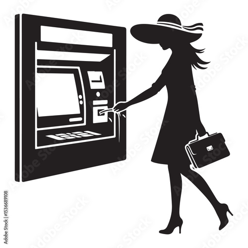 Silhouette Woman at ATM Vector Design for Banking Financial Topics
