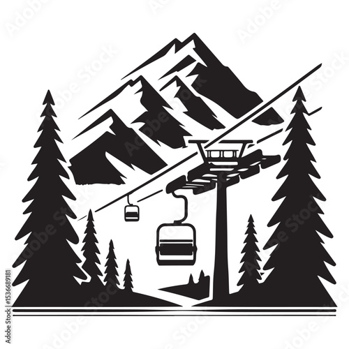 Scenic Mountain Ski Lift Silhouette Illustration for Outdoor Adventures and Travel
