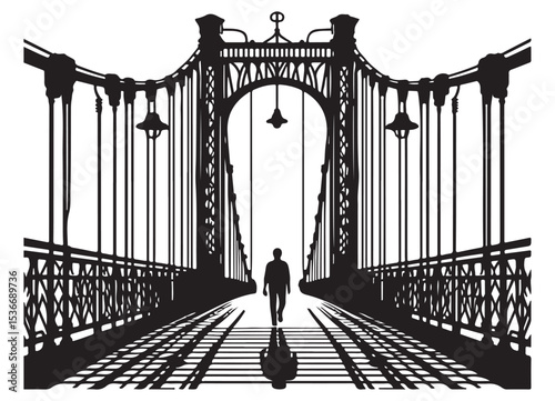 Silhouette of Person Walking Across a Detailed Suspension Bridge Illustration