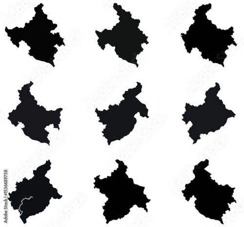 Piedmont Italy Region and Provinces Map Silhouette Vector Set