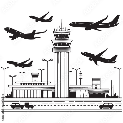 Airport Silhouette with Planes Taking Off A Transportation Vector