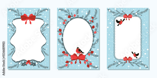 Festive, hand-drawn winter frames with fir branches, birds, winter berries, bows and ribbons. Vector template for posters, invitations, postcards and more.