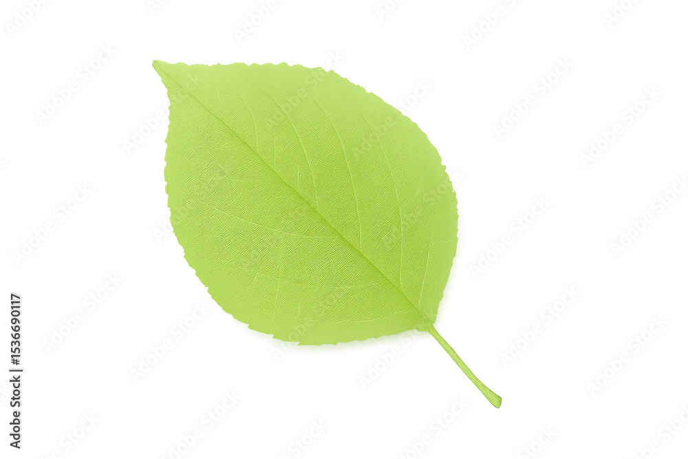 Fototapeta premium Single, isolated, bright green leaf with visible veins on transparent background, ideal for nature-themed designs