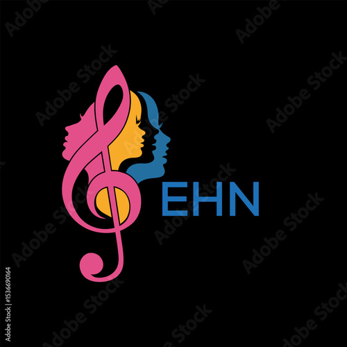 EHN Creative Feminine Music Logo, with Treble Clef and Colorful Female Silhouettes,  EHN Later Logo – Beauty and Art Concept.
