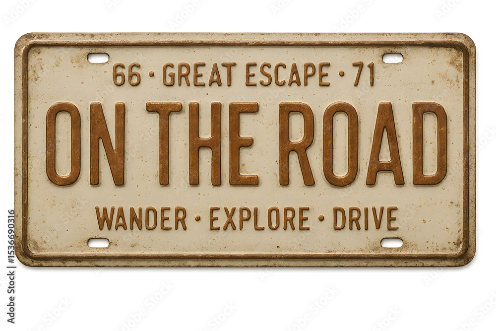 Fototapeta premium Vintage Route Sixty Six License Plate Design featuring On The Road travel wanderlust theme ideal for road trip posters and travel blogs