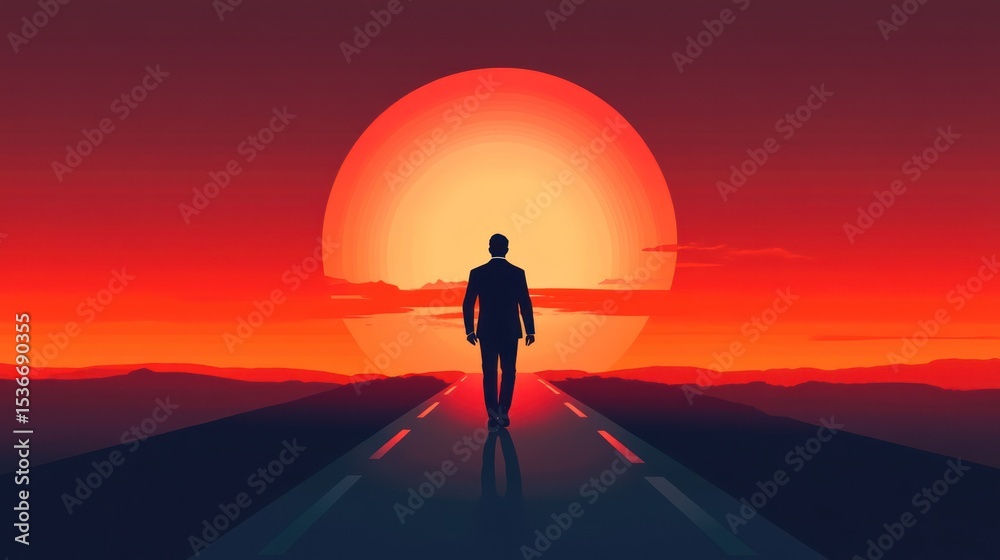 Silhouette of a person walking towards a large red sun Silhouette of a person walking towards a large red sun