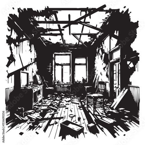 Interior of Dilapidated Building Vector Graphic Silhouette Abandoned Ruin Art