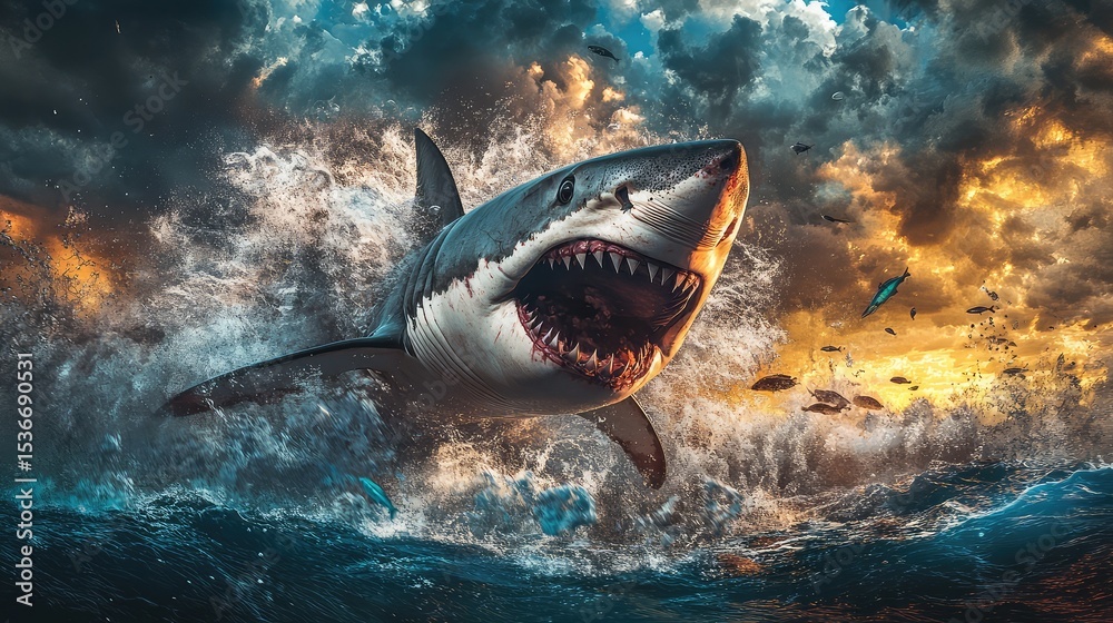 Obraz premium Fierce shark making a sharp turn in pursuit of a fish, sending bubbles and turbulence through the sea