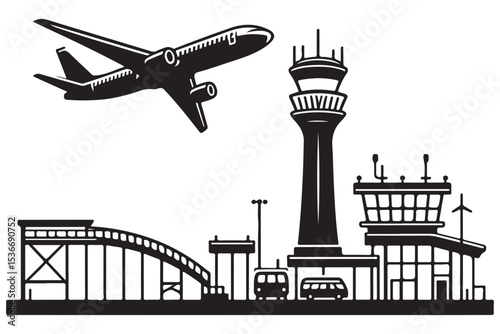 Airport Silhouette Flight Arrival A Busy Terminal with Control Tower