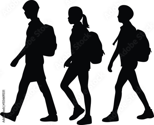 students walking with backpacks silhouette vector