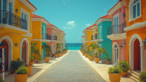 Vibrant colorful street leading to ocean