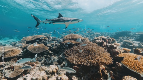 Group of prey fish cornered against a reef by a shark moving swiftly from below
