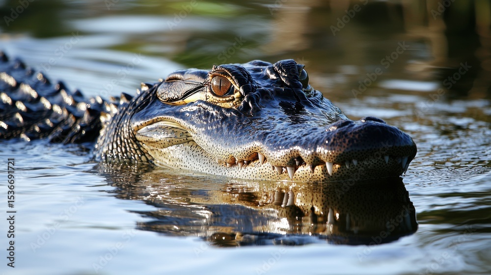 Fototapeta premium American Alligator lurks in shallow water reflecting the surrounding nature scene