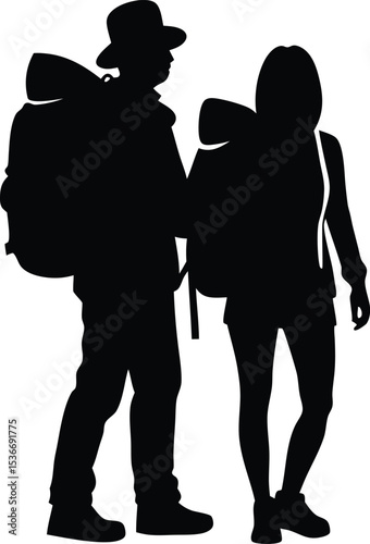 tourists couple with backpacks vector silhouette