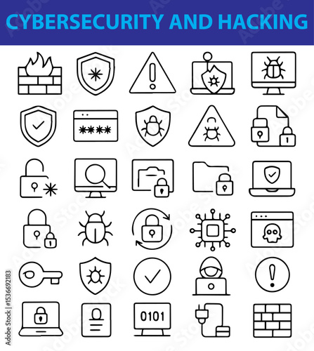 Set of Cybersecurity and Hacking Line Icons , Minimal Vector Symbols of Digital Protection, Threats, and Cybercrime