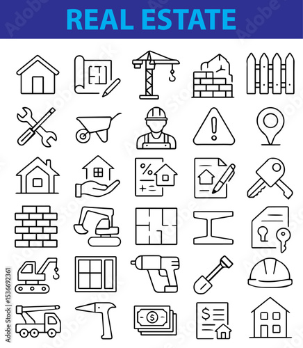 Set of Real Estate Line Icons Set ,  Minimal Vector Icons of Property, Buildings, and Home Investment