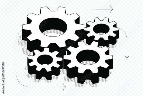 Teamwork concept illustration with four interlocking gear wheels and arrows Vector